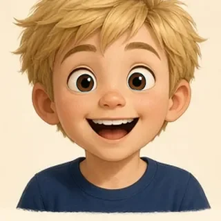 Cartoon Conrad, a blond boy in a navy T-shirt, grinning